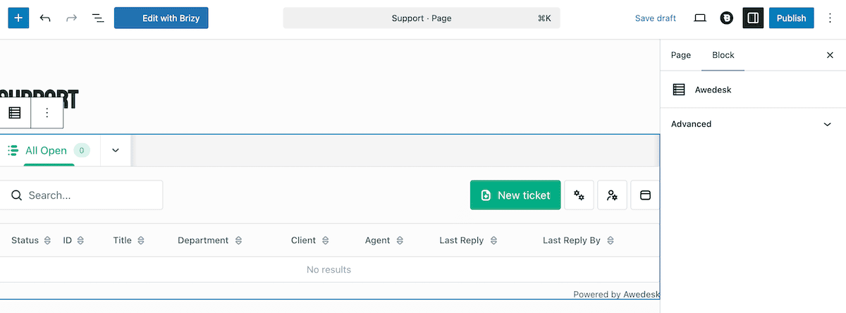 Adding an Awedesk instance to a page using the dedicated Block.