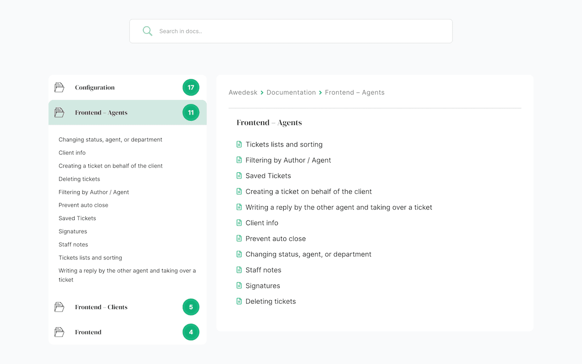 The Awedesk documentation page showing its configuration and frontend categories.