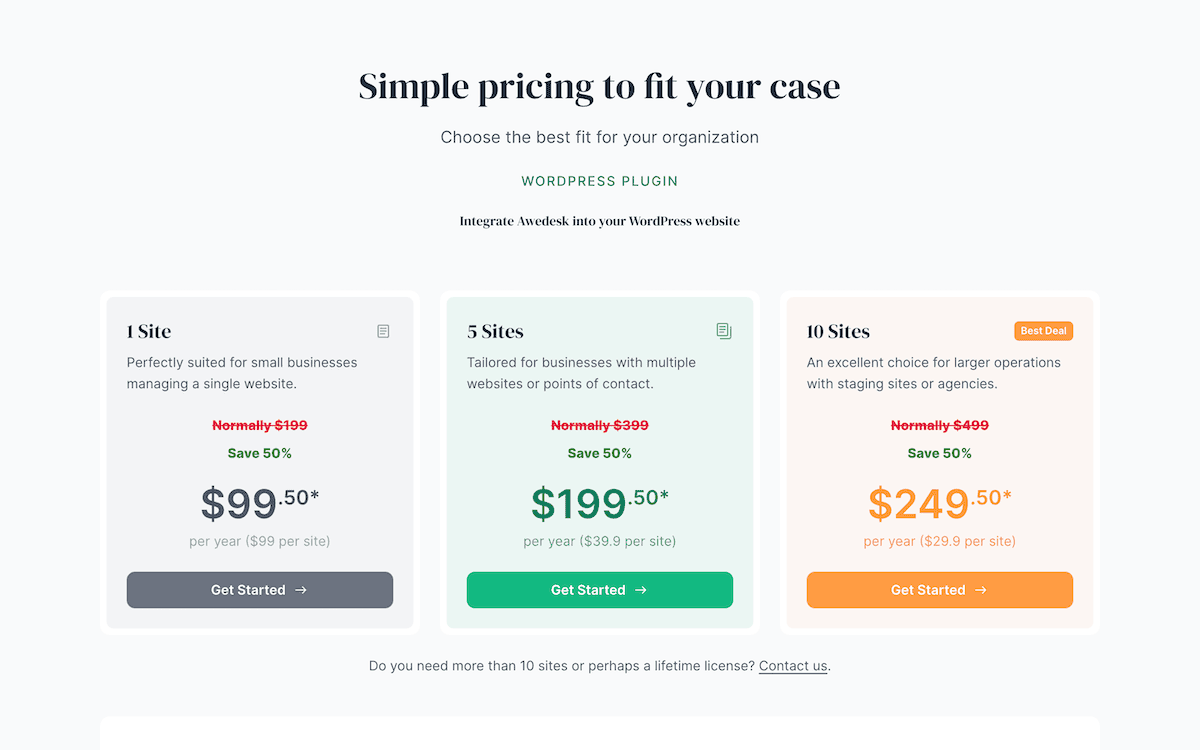The Awedesk pricing page showing three annual plugin plans organized by site count.