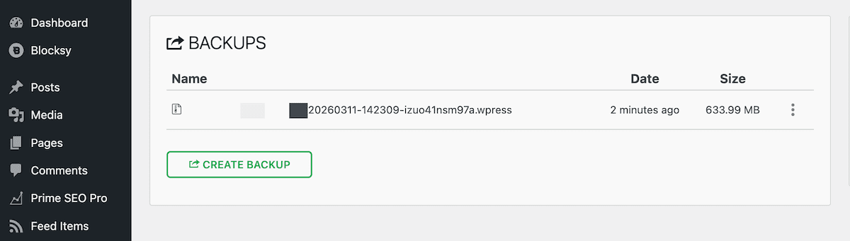 The All-in-One WP Migration Backups page.