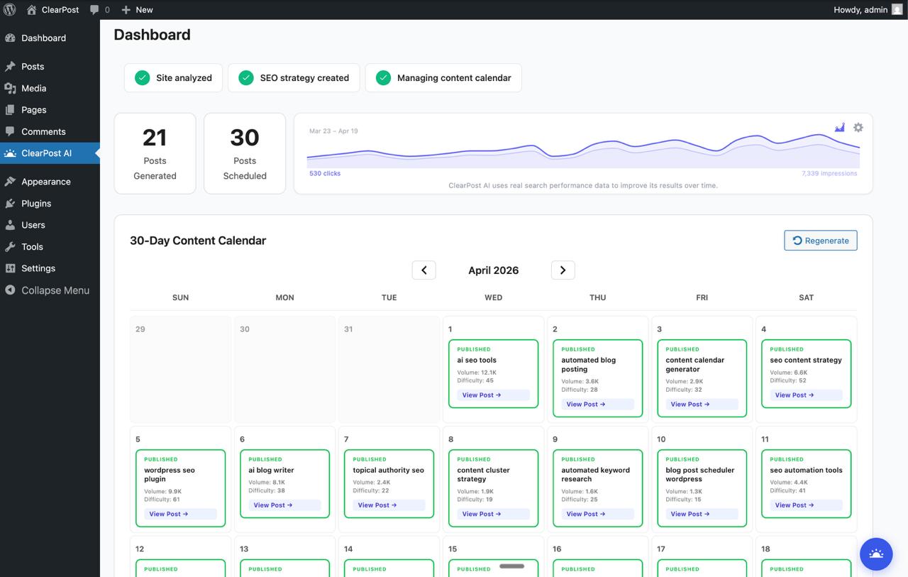 ClearPost's dashboard calendar showing AI-generated posts scheduled for publication.