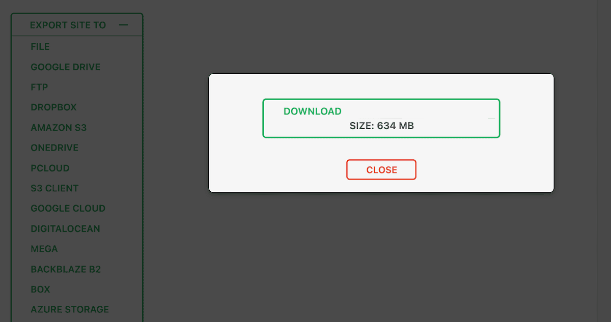 A complete export showing a download button for the migration file.