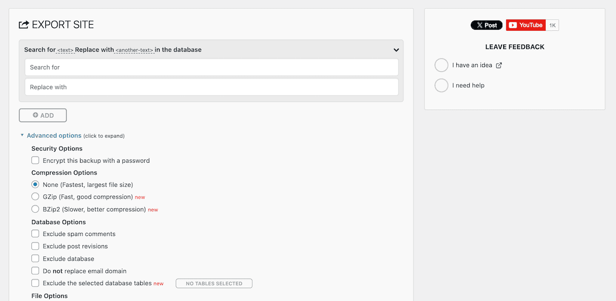 The Export screen within All-in-One WP Migration Pro.