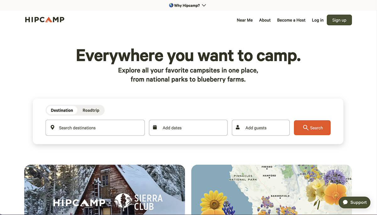 HipCamp's website homepage showing the 60/30/10 design rule in action.