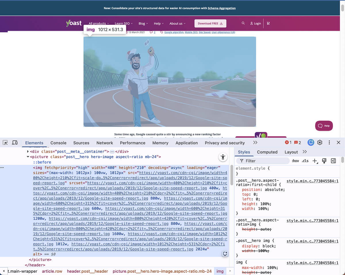An example of the image srcset attribute in use on Yoast's blog.