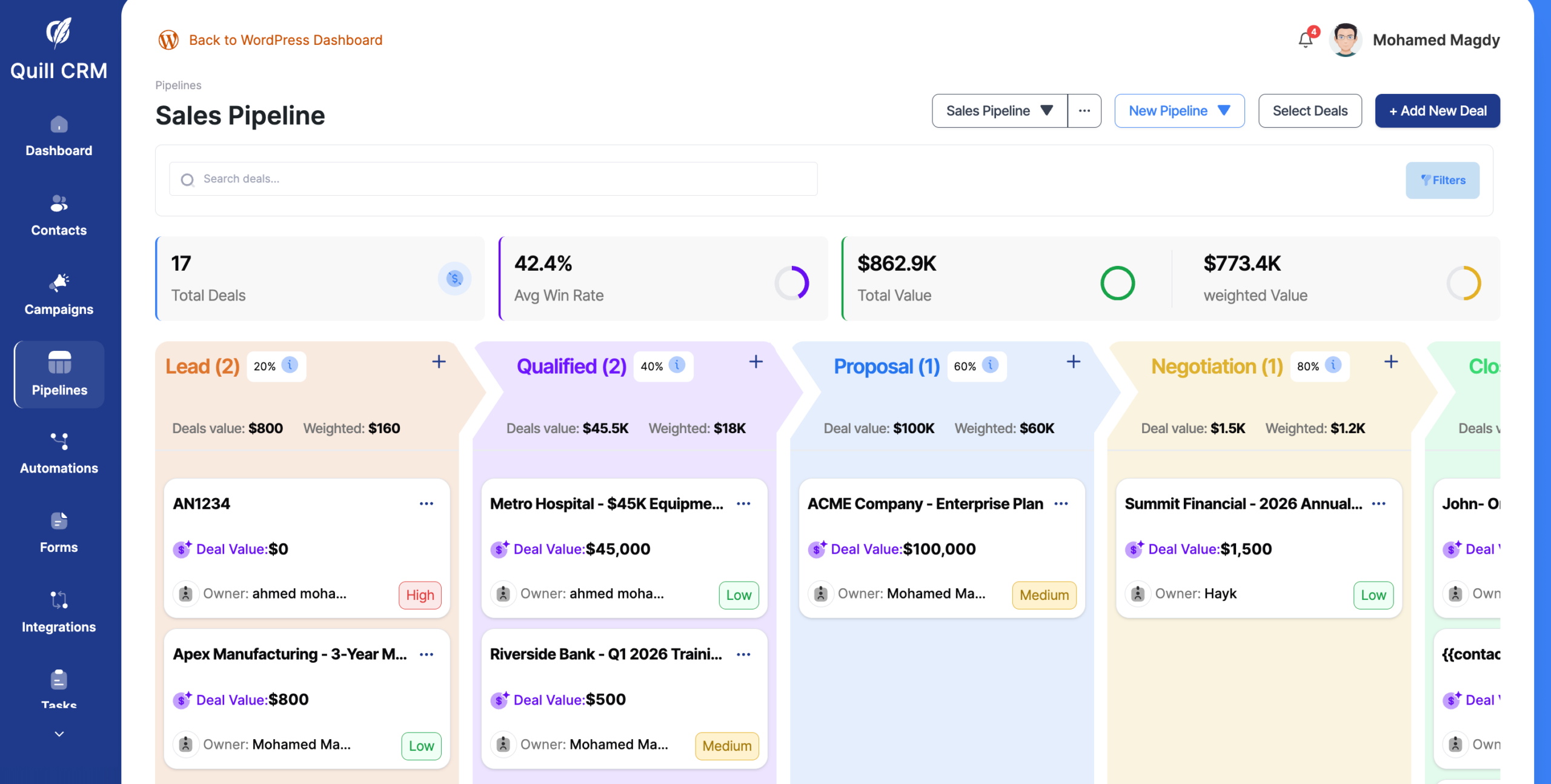 Quill CRM's sales pipeline setup.