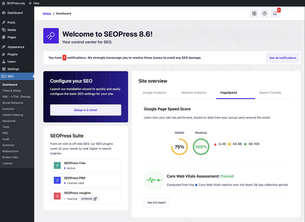 The SEOPress dashboard showing various SEO assessments of your site.