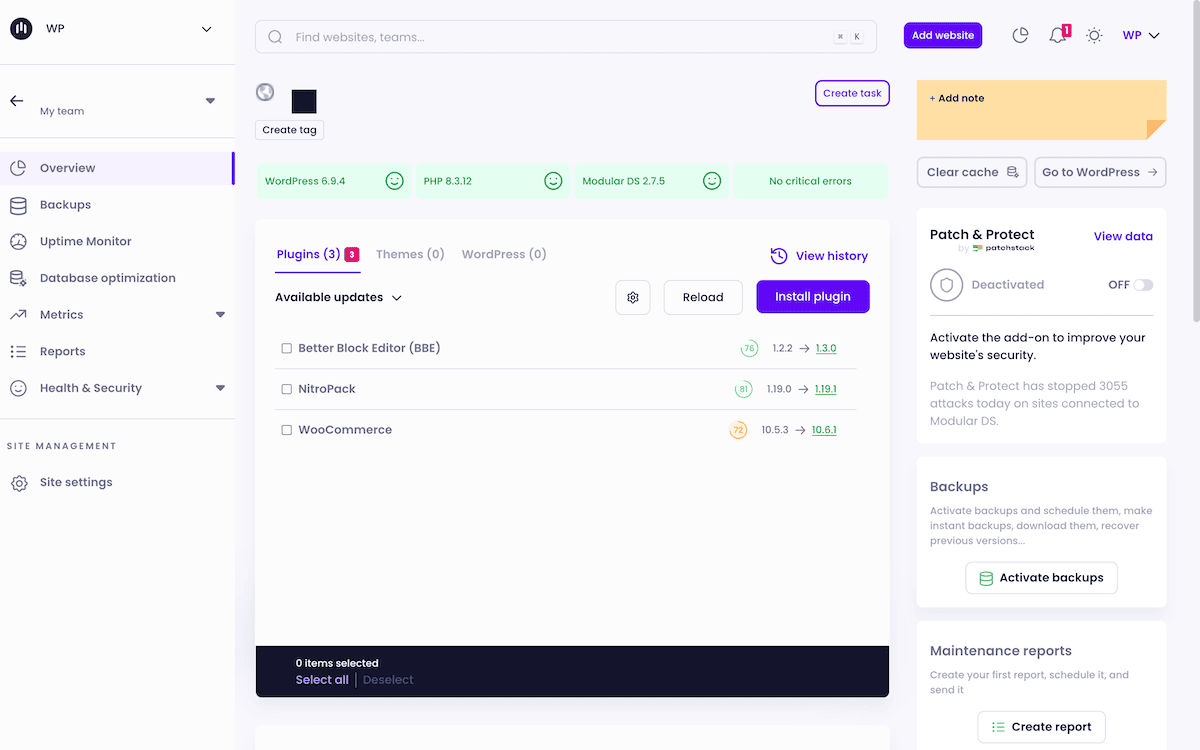 The main Modular DS site dashboard showing a connected site with health indicators.