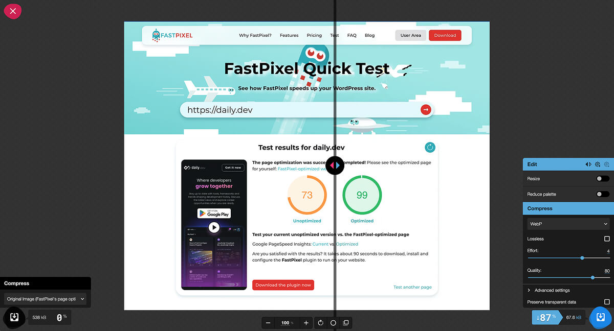 The Squoosh app optimizing an image and reducing its file size by 87% while maintaining quality.