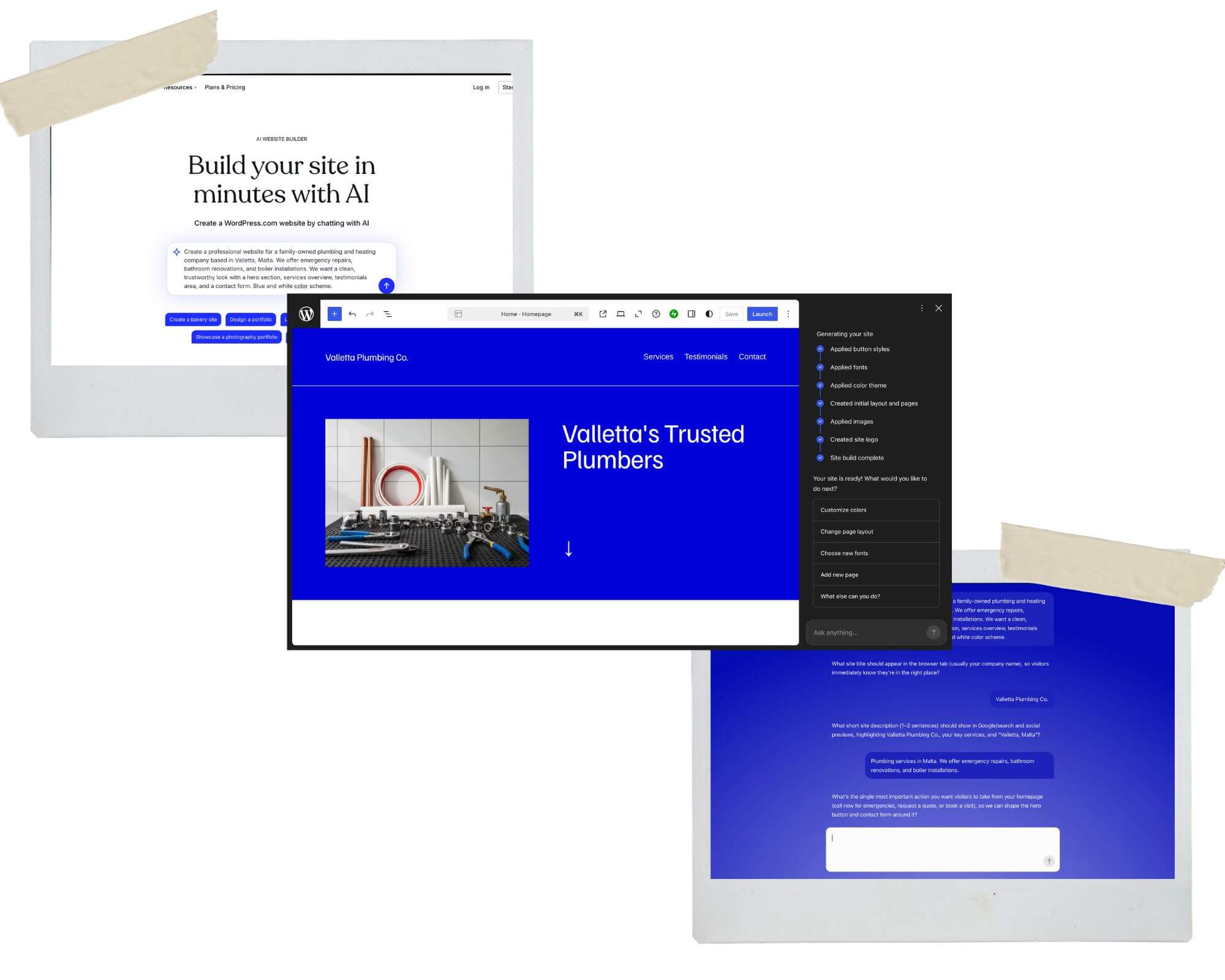 WordPress.com's AI website builder in action, going from prompt to basic website.