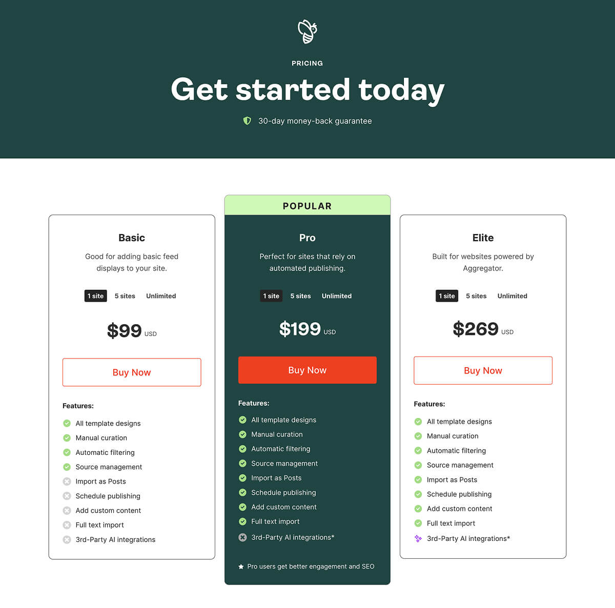 WP RSS Aggregator's pricing page showing multiple plans, each offering more value than the other.