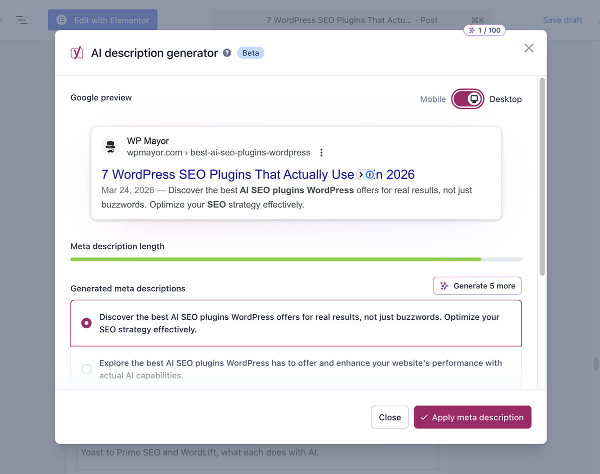 Yoast SEO's AI description generator