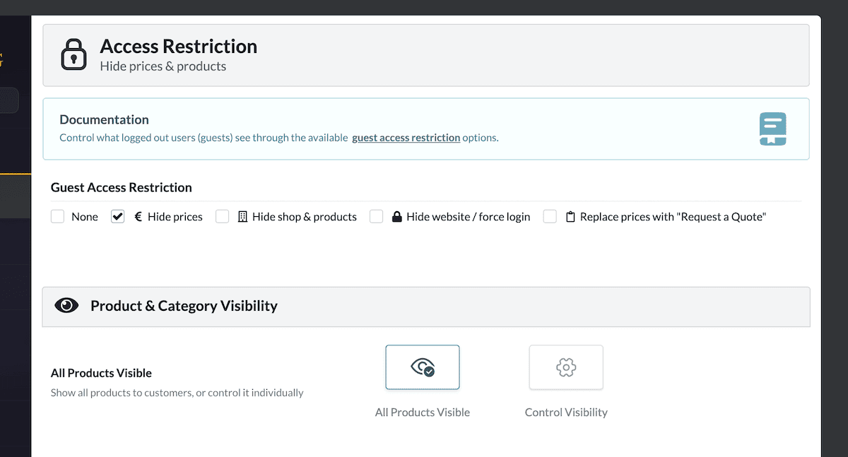 The B2BKing Access Restriction panel showing the Hide Prices option selected.