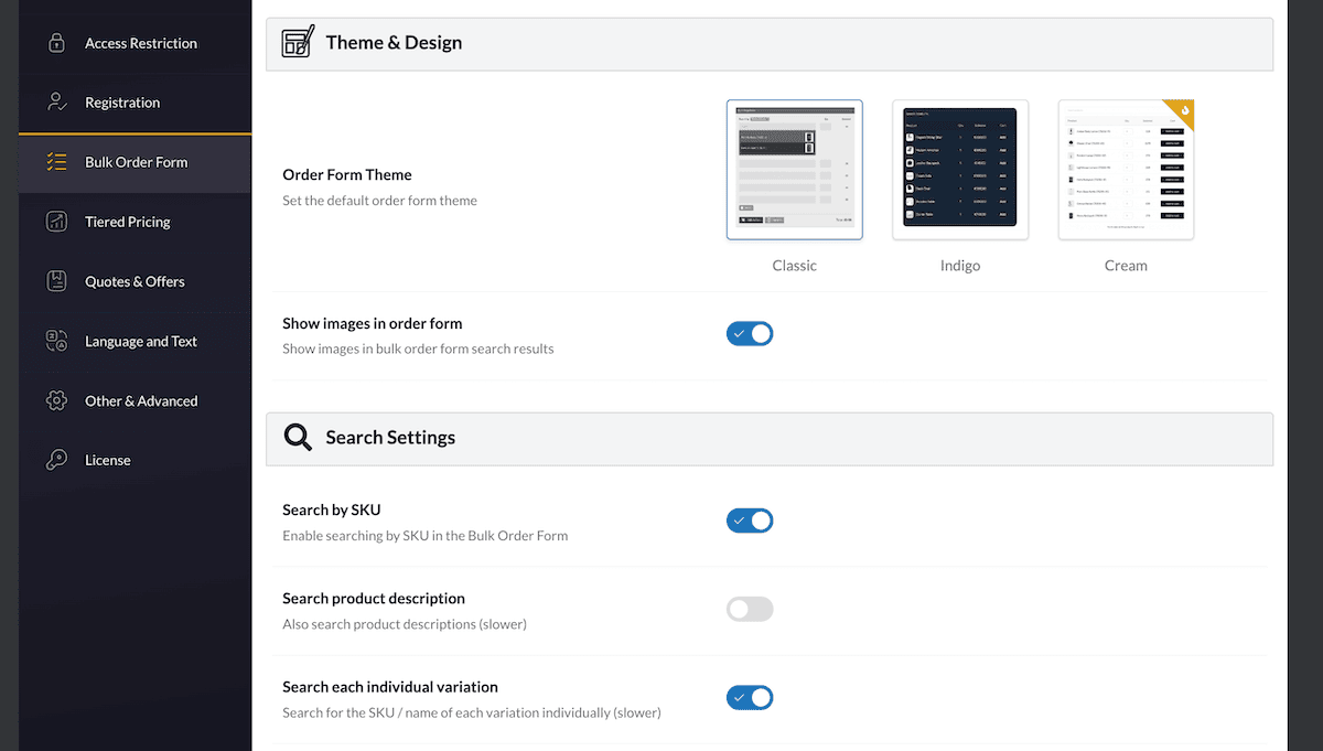 The B2BKing bulk order form settings page.