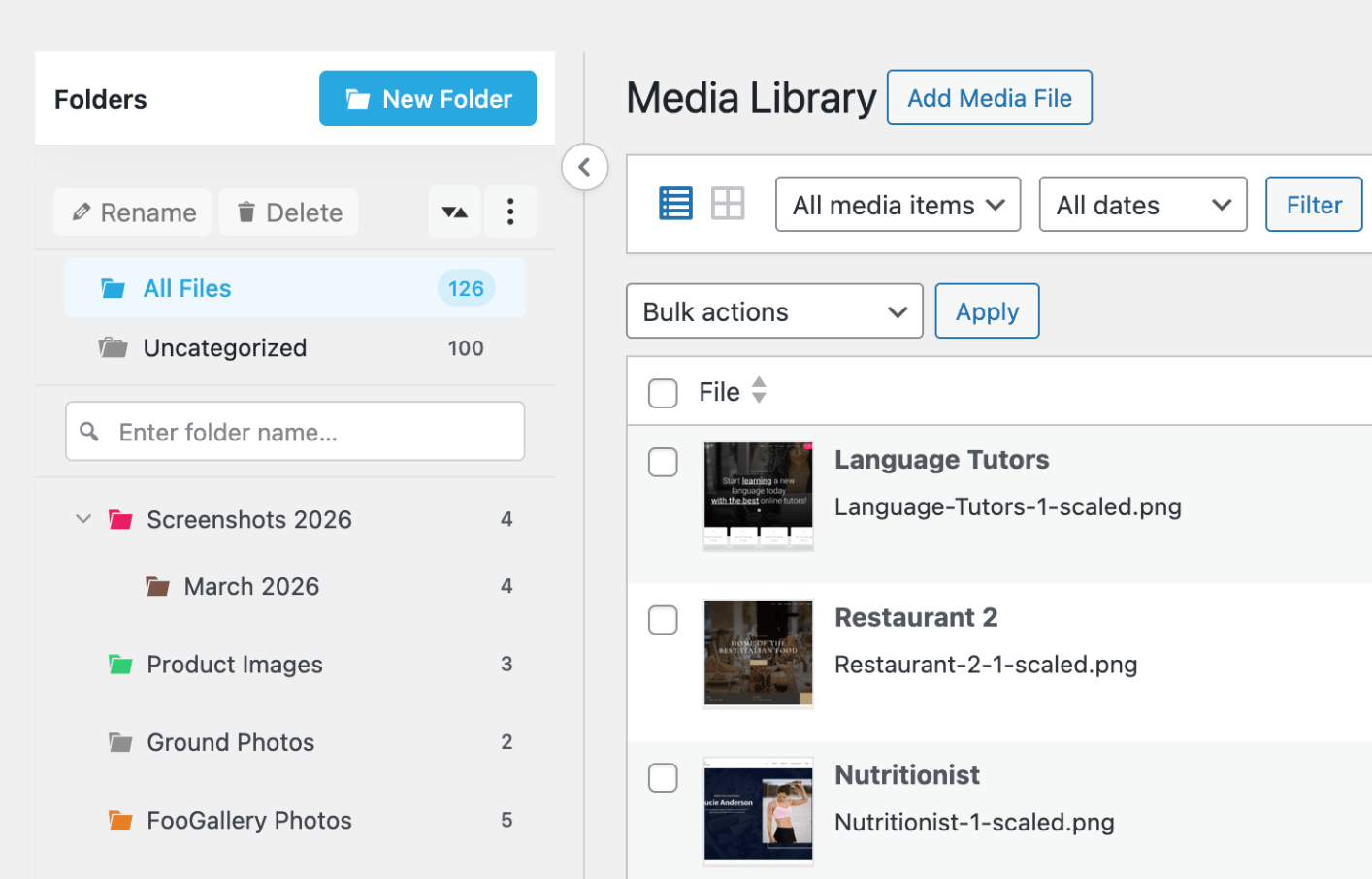 The Infinite Uploads media library folders.