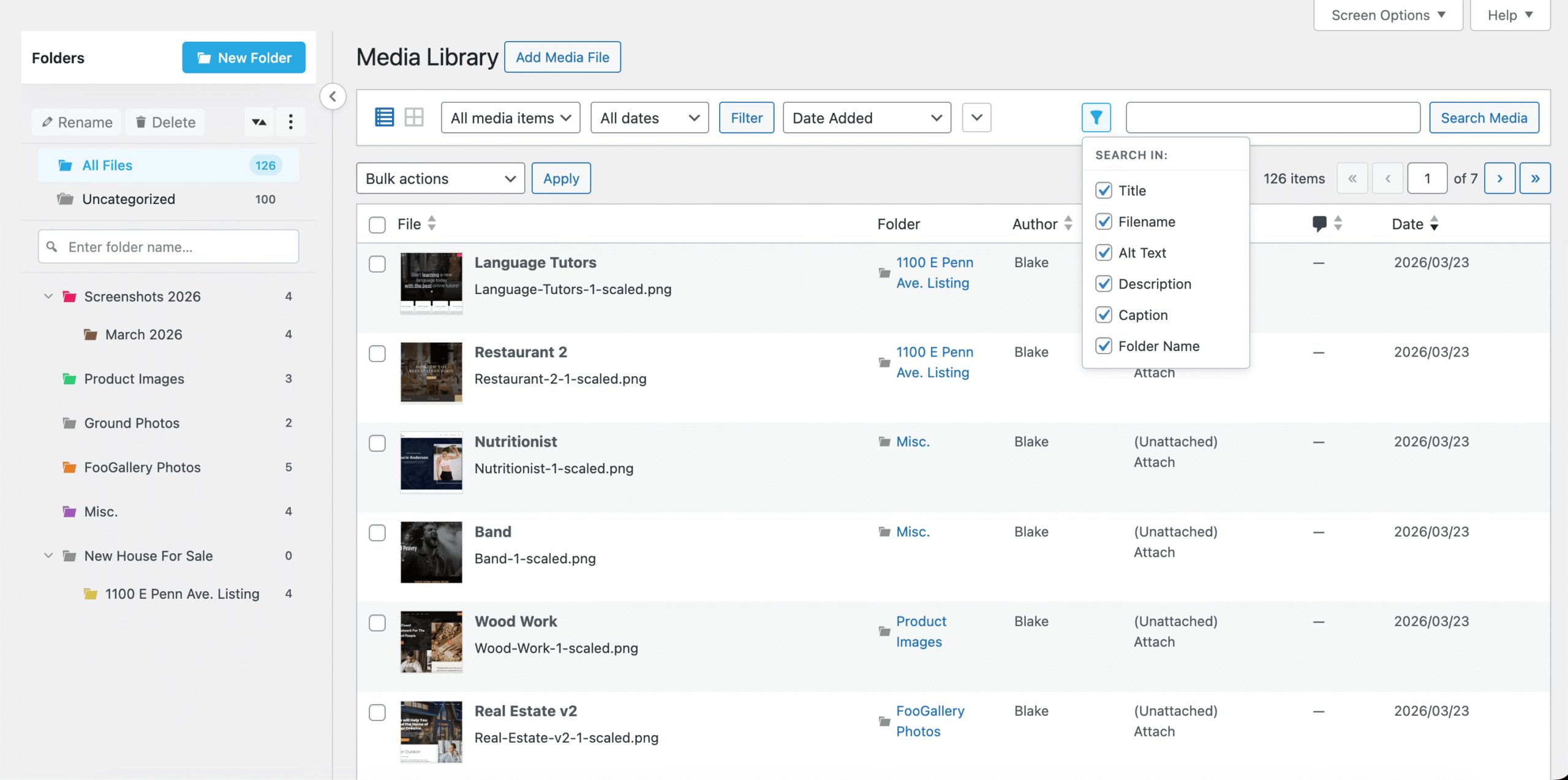 The Infinite Uploads media library showing the folder sidebar, file list, and search filters.