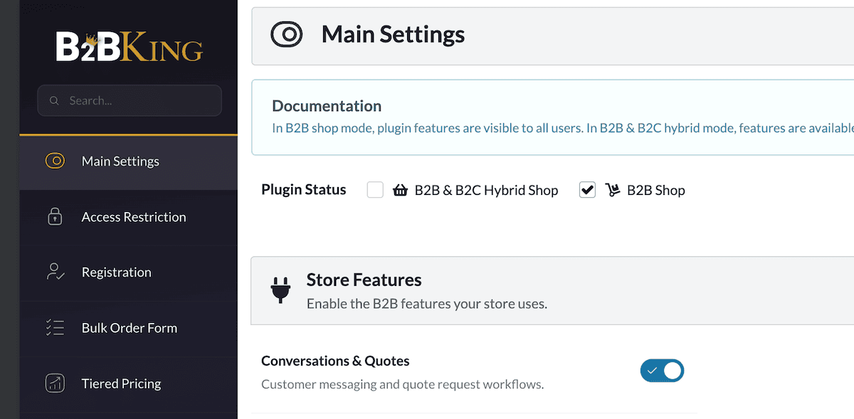The B2BKing Main Settings panel showing the B2B Shop and B2B and B2C Hybrid options.