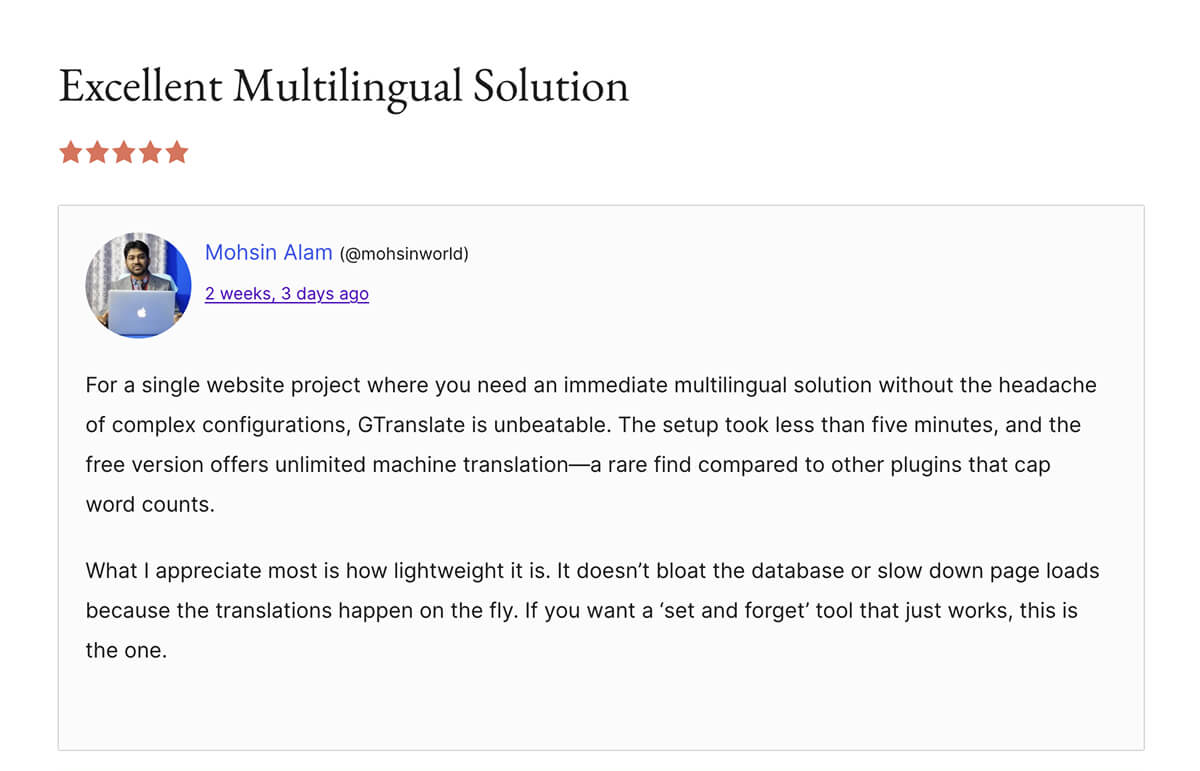 A 5-star review for GTranslate from the WordPress plugin repository.