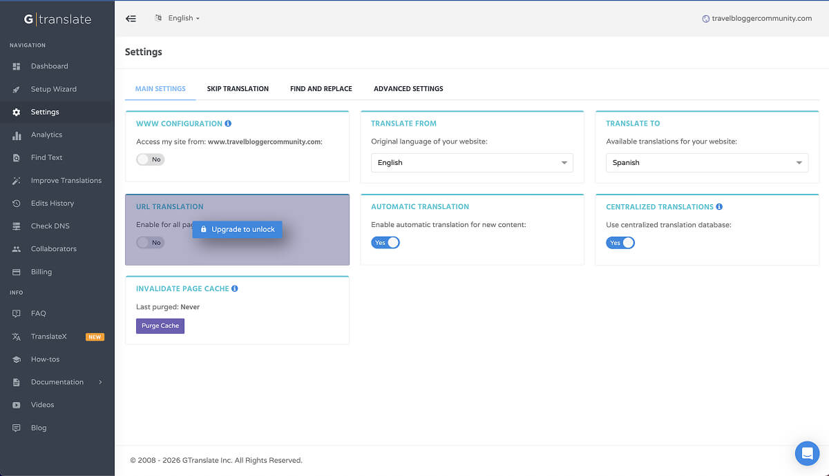 GTranslate's main settings.