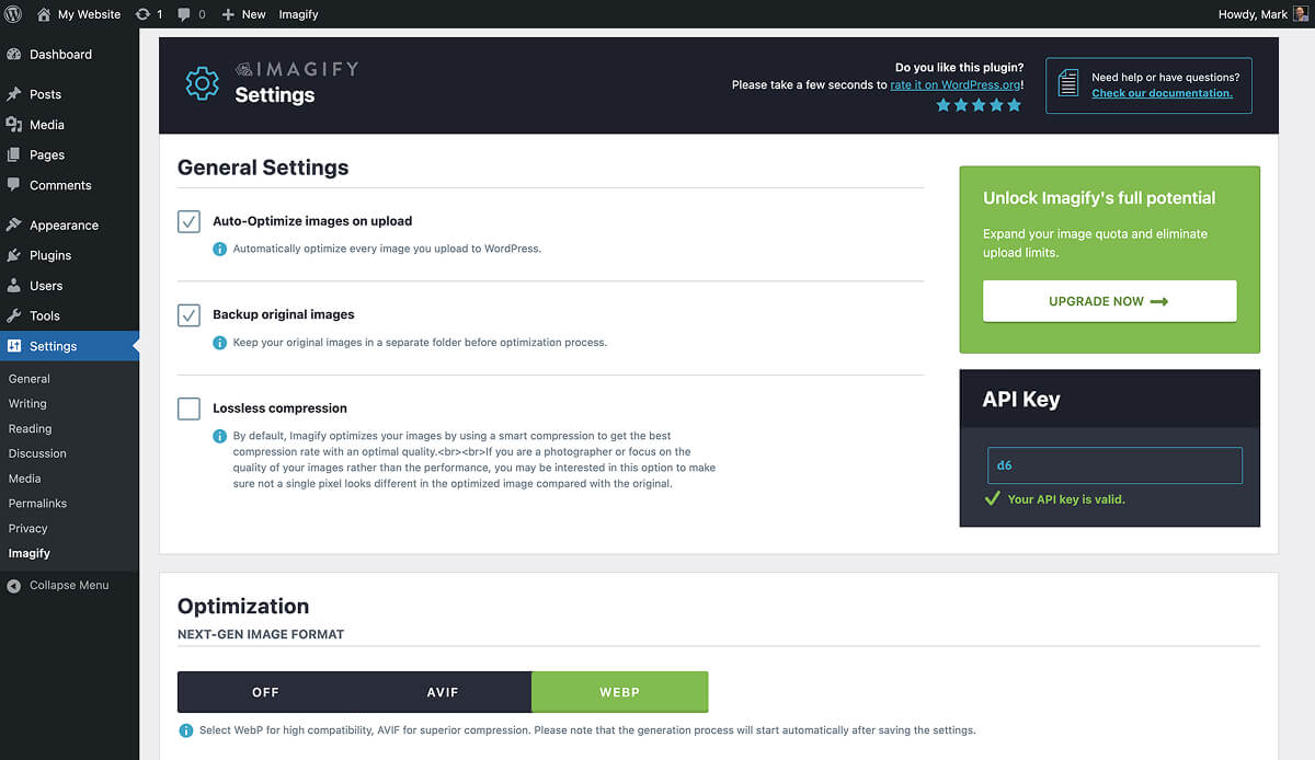 Imagify's image optimization settings.