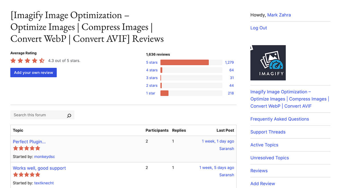 Imagify reviews on the WordPress plugin repository, showing an average 4.3/5 start rating.