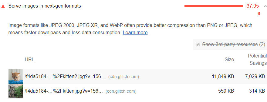 The "Serve images in next-gen formats" issue as shown in PageSpeed Insights from Google.