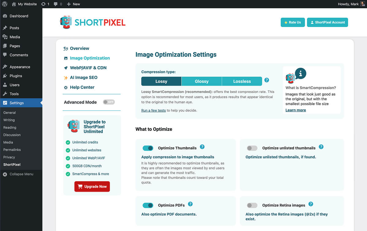 ShortPixel's image optimization settings.