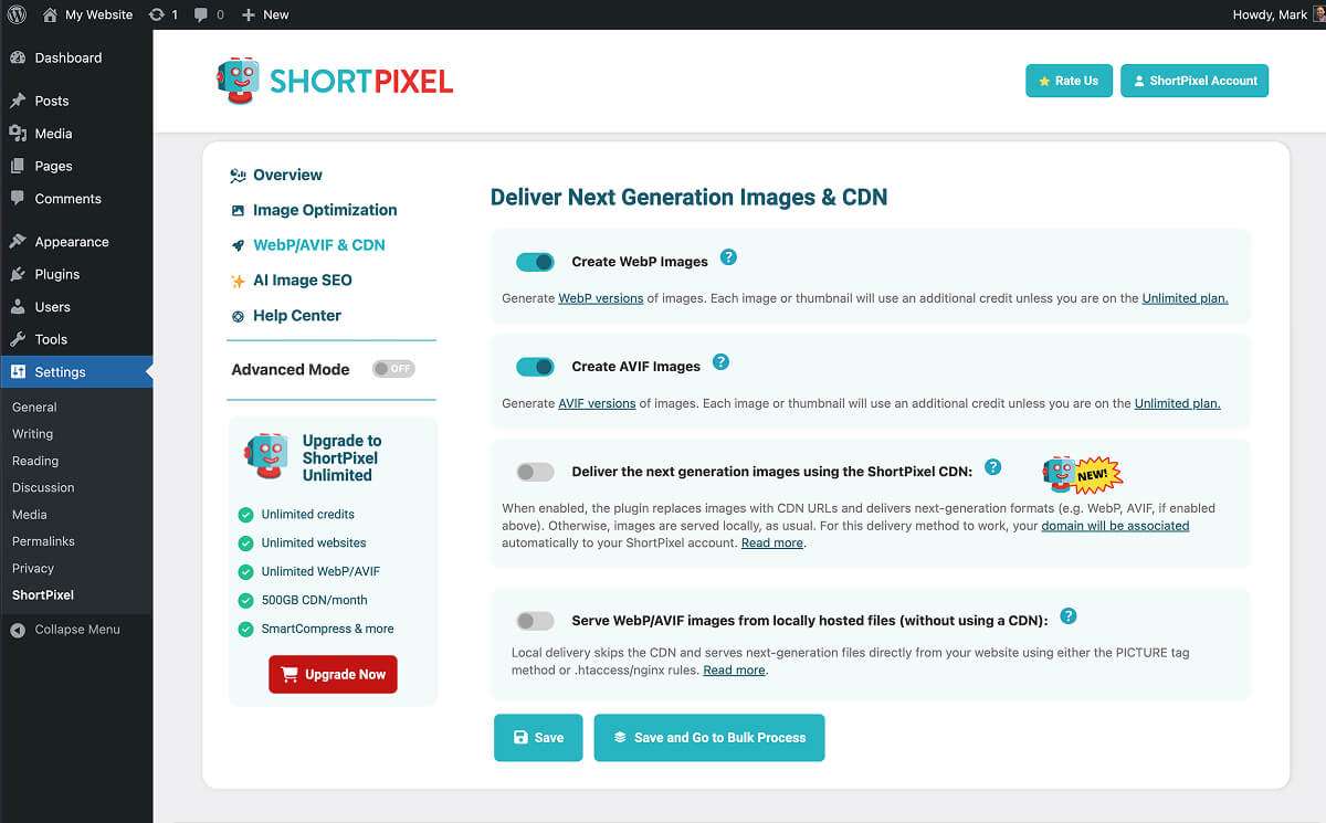 ShortPixel's next-gen image format settings.