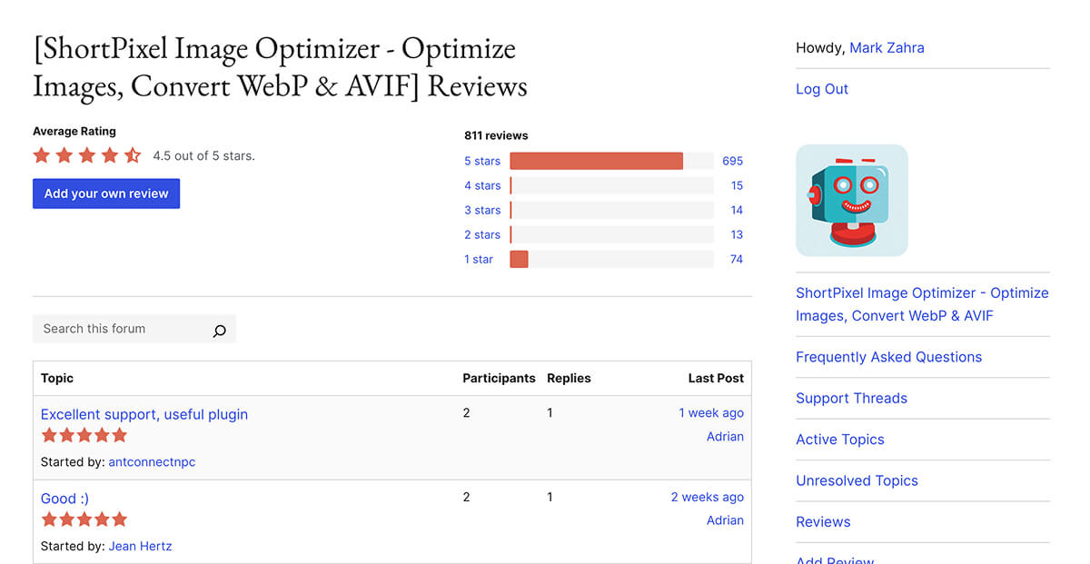 ShortPixel's user reviews from wordpress.org.