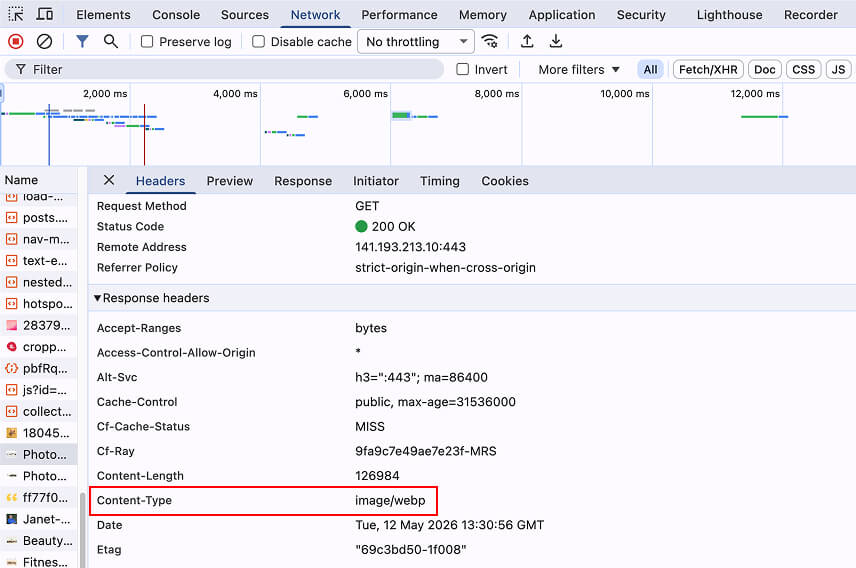 Chrome's DevTools showing the image format as WebP.