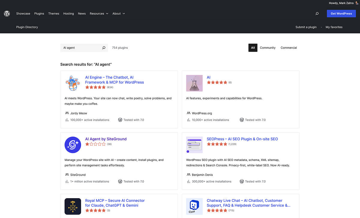 Searching for AI Agent brings up the SiteGround plugin at position 3.