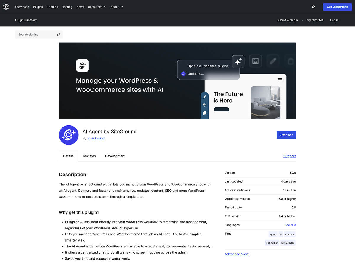 The SiteGround AI Agent plugin on the WordPress plugin repository.