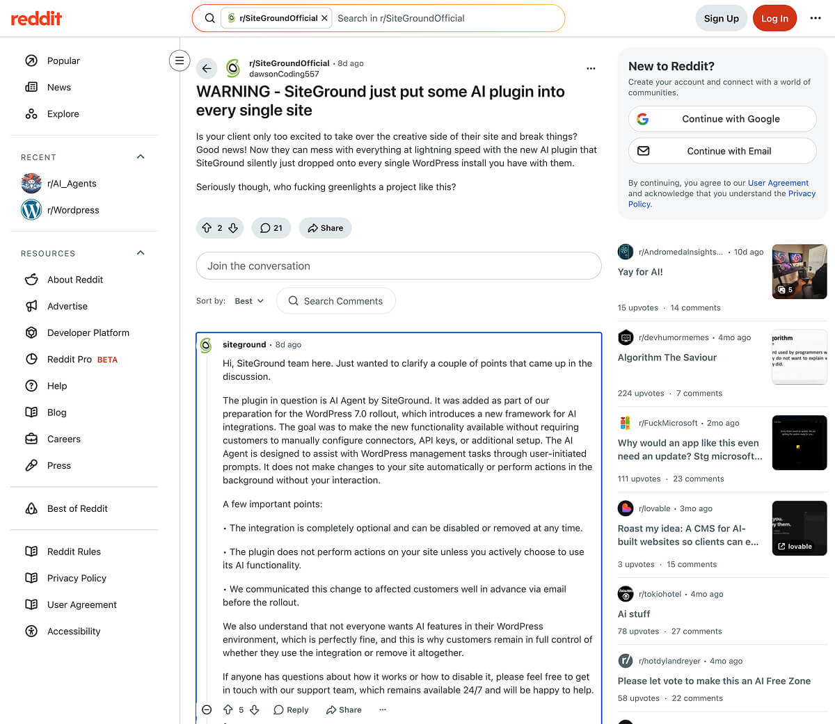The Reddit thread about SiteGround's AI Agent plugin auto-installation.
