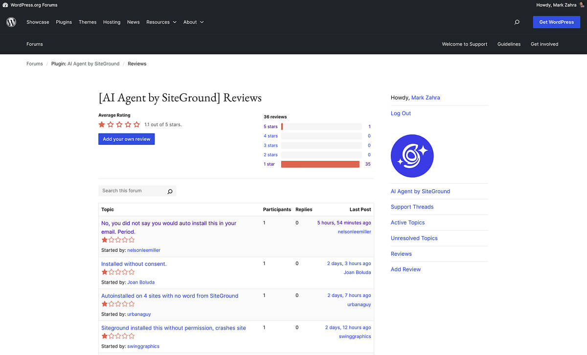 The negative reviews for SiteGround's AI Agent plugin.