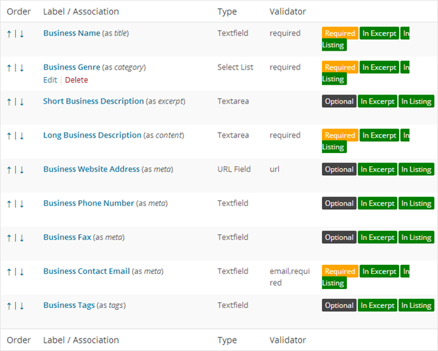 Business Directory Form Fields
