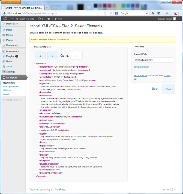 File parsed, selecting which elements to import.
